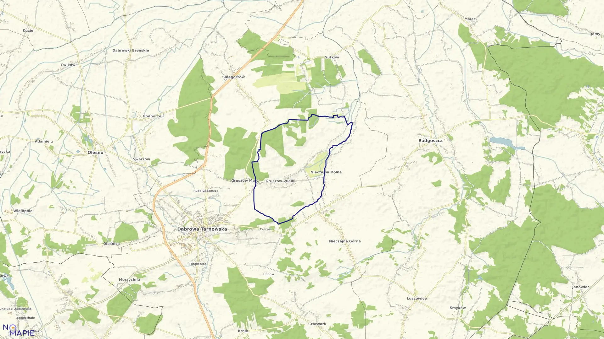 Mapa obrębu Gruszów Wielki w gminie Dąbrowa Tarnowska