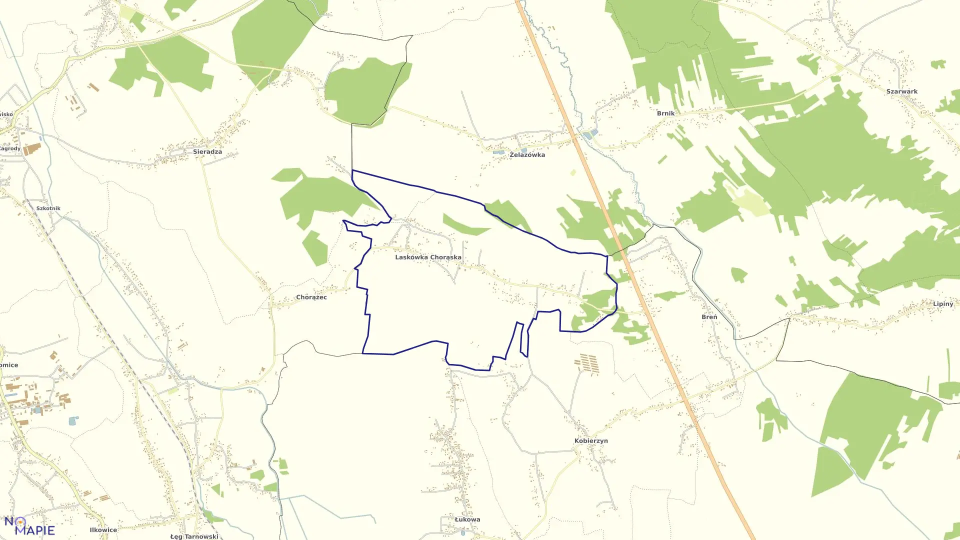 Mapa obrębu Laskówka Chorąska w gminie Dąbrowa Tarnowska