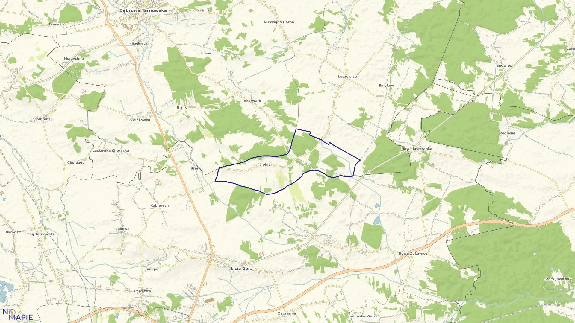 Mapa obrębu Lipiny w gminie Dąbrowa Tarnowska