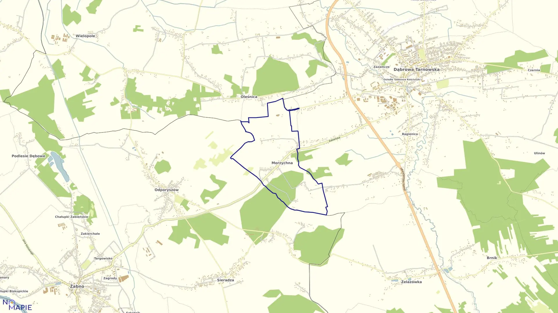 Mapa obrębu Morzychna w gminie Dąbrowa Tarnowska