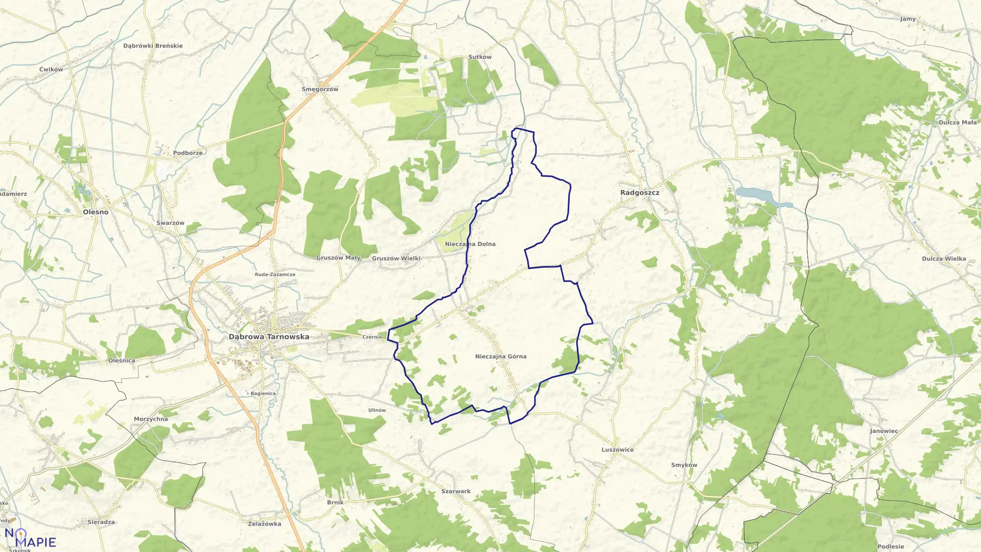 Mapa obrębu Nieczajna w gminie Dąbrowa Tarnowska