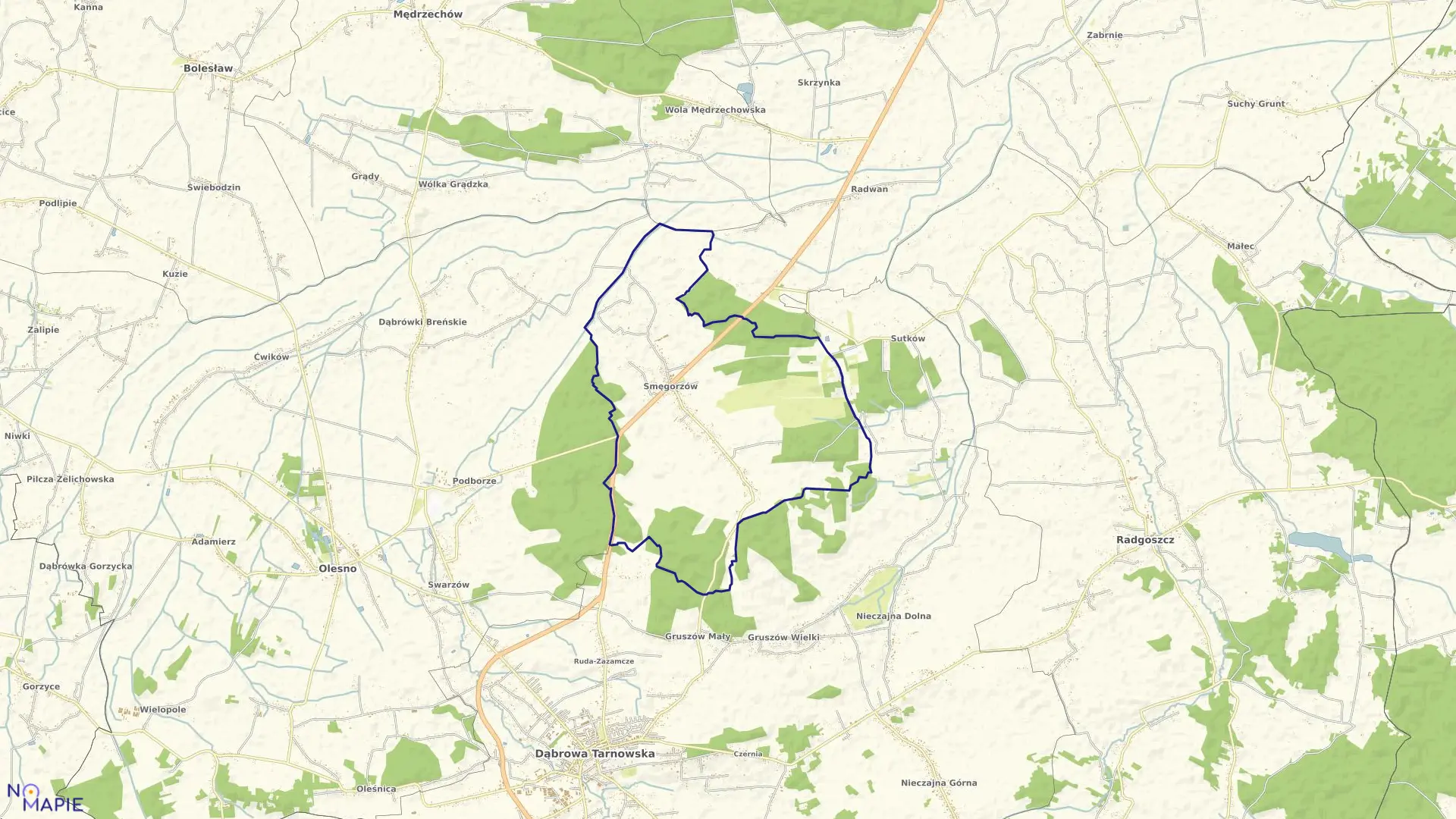 Mapa obrębu Smęgorzów w gminie Dąbrowa Tarnowska